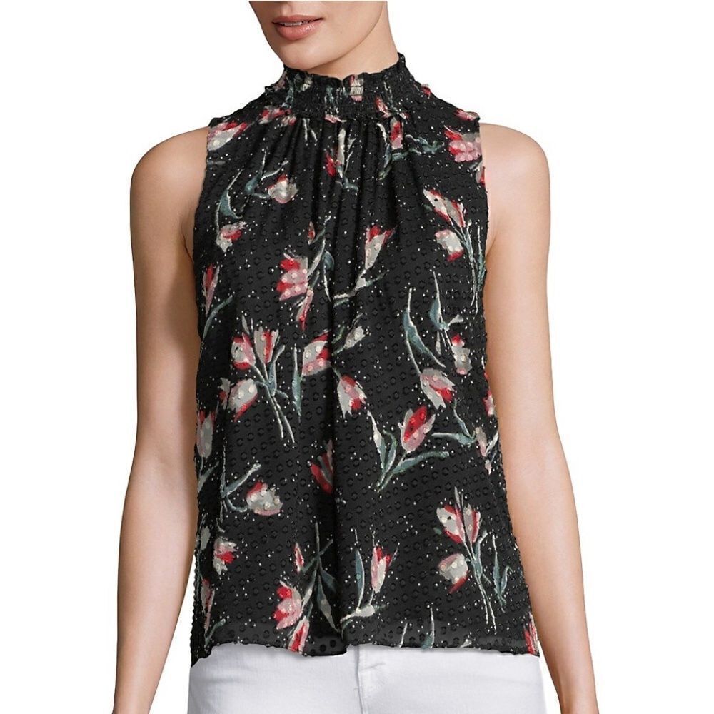 Rebecca Taylor Tulip Print Silk Smocked Sleeveless Top